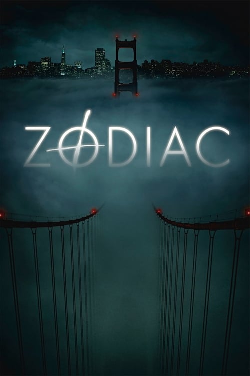 The poster features a dark, moody scene with the word "ZODIAC" prominently displayed in glowing white letters. In the background, a silhouette of a city skyline is visible against a night sky, while two red, vertical bars frame the bottom of the image. The overall atmosphere is eerie and mysterio...