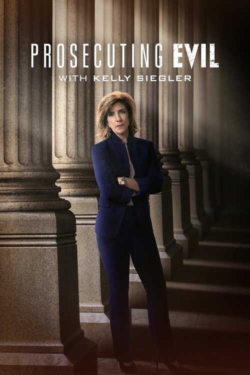 The poster features Kelly Siegler in a sharp blue suit against a dimly lit, classical architectural backdrop. The muted tones and dramatic lighting create an ominous yet professional mood, emphasizing the serious tone of the show.