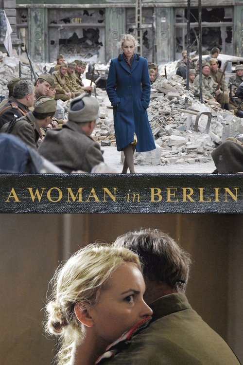 The poster depicts a somber scene with a woman in a blue coat standing amidst rubble, surrounded by soldiers in military uniforms. The muted earth tones and desolate background evoke a sense of war and tragedy. Below, a tender moment between two women in warm colors contrasts sharply with the abo...