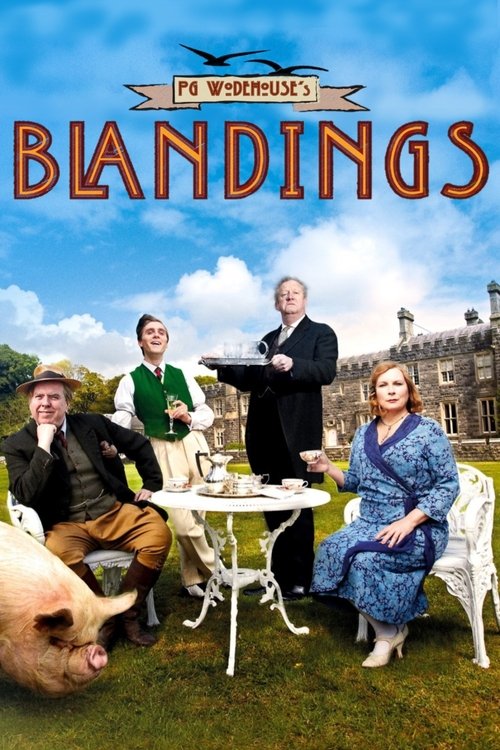 This TV poster for "Blandings" features a whimsical outdoor scene with four characters gathered around a white table, exuding a playful and nostalgic atmosphere. The vibrant colors of the blue sky and green grass contrast with the warm tones of the characters' clothing, creating a lively and invi...
