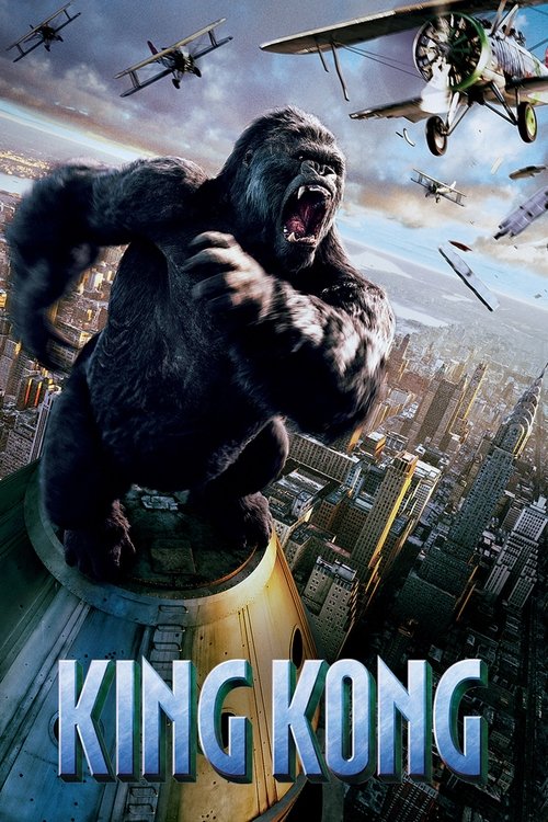 The poster features a majestic gorilla in mid-roar, surrounded by flying planes and a sprawling cityscape. The dark, shadowy figure contrasts sharply with the bright, vibrant colors of the sky and buildings. The overall mood is one of awe and adventure, capturing the thrill of the jungle and the ...