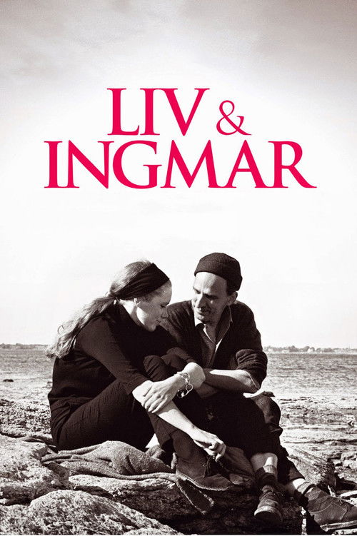 The poster features a black-and-white image of two people sitting on a rocky shore, with the title "LIV & INGMAR" in bold red letters above them. The mood is contemplative and intimate, evoking a sense of connection and shared experience.