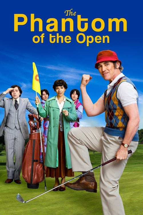 The poster features a vibrant green golf course with a man in a red hat and vest leading the charge. Behind him, a group of characters in formal attire stands proudly, holding golf clubs and flags. The scene exudes a festive, celebratory mood with bright colors and a sense of camaraderie.