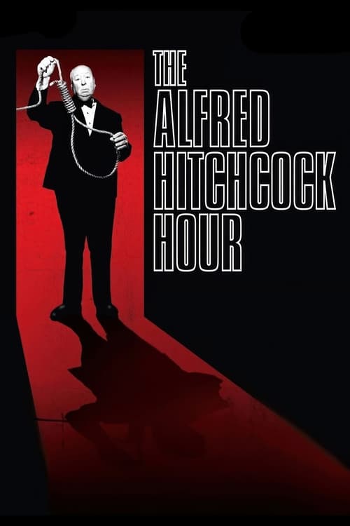 The poster features a silhouetted man in a tuxedo holding a microphone, standing on a dramatic red carpet against a dark background. The bold, white text reads "THE ALFRED HITCHCOCK HOUR," evoking a mysterious and suspenseful atmosphere.