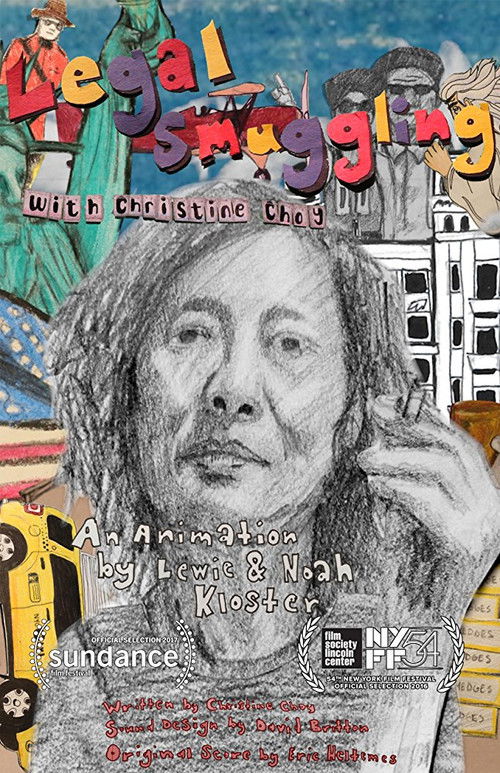 This poster features a collage of vibrant colors and diverse figures, suggesting a multicultural theme. The title "Legal Smuggling with Christine Choy" is prominently displayed in bold, playful lettering. The overall mood appears to be energetic and engaging, with a mix of warm and cool tones tha...