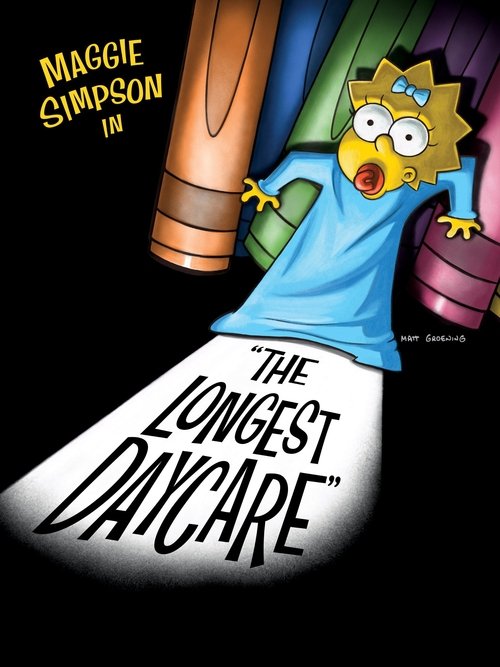 The poster features Maggie Simpson in a blue shirt, surrounded by colorful toys and furniture against a dark background. The playful, slightly chaotic atmosphere captures the whimsical spirit of the show.