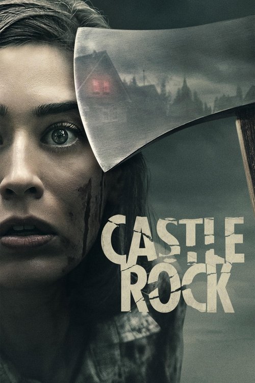 The poster features a woman with pale skin and wide eyes, her expression conveying fear or horror. A large, jagged rock is prominently displayed, symbolizing danger and destruction. The muted, desaturated colors evoke a grim atmosphere, while the title "Castle Rock" stands out in bold, distressed...