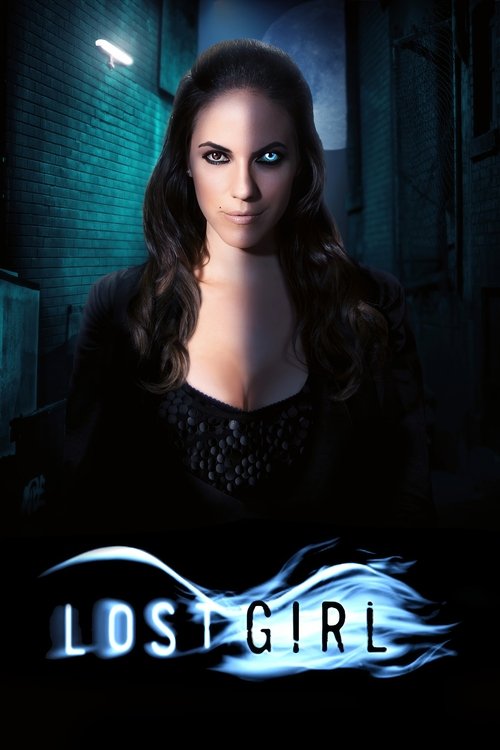 The poster features a striking woman with dark, wavy hair against a moody, dimly lit background. Her intense gaze and dramatic lighting create a mysterious and suspenseful mood. The title "Lost Girl" is prominently displayed in glowing blue text at the bottom, emphasizing the show's theme of myst...