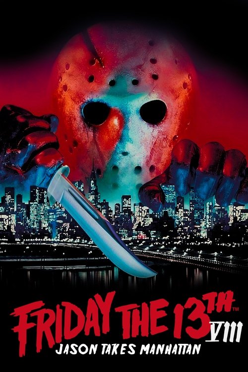 The poster features a menacing Jason Voorhees with a red mask and a blood-stained knife, looming over a cityscape at night. The colors are vivid, with reds, blues, and blacks creating a dark and eerie atmosphere. The mood is suspenseful and thrilling, hinting at the horror of the upcoming movie.