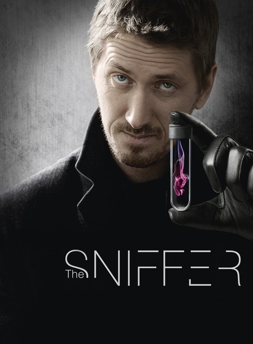 The poster features a man with a serious expression, holding a device emitting a glowing pink light against a dark background. The title "THE SNIFFER" is prominently displayed in bold white letters at the bottom. The overall mood is mysterious and suspenseful, suggesting a thriller or mystery genre.