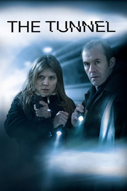 The poster features two characters in a dimly lit tunnel, with one holding a flashlight. The cool blue and black tones create a suspenseful, mysterious atmosphere, emphasizing the thriller genre.