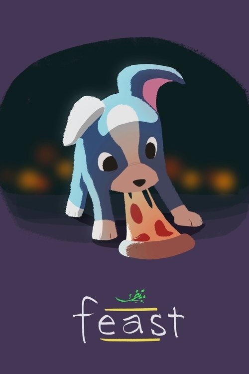 This whimsical movie poster features a cute blue dog with a pizza slice on its paw, set against a dark, starry night background. The playful and cozy mood is enhanced by the warm orange glow of the pizza and the soft purple tones of the poster. The title "Feast" is prominently displayed at the bo...