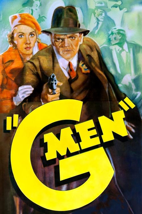 This movie poster for "'G' Men" features a dramatic scene with a man in a hat holding a gun, a woman in an orange dress, and a man in the background. The bold yellow "G" dominates the foreground, creating a striking visual impact. The colors are vibrant, with warm tones contrasting against the da...