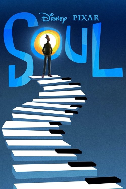 A lone figure stands atop a spiraling staircase, bathed in golden light against a deep blue backdrop. The Disney and Pixar logos frame the title in bold, vibrant blue letters. The mood is mysterious and introspective, suggesting a journey through inner turmoil.