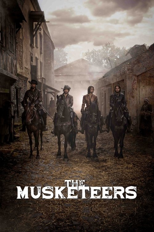 The poster features four men in period costumes riding horses down a dusty, sun-drenched street. The muted earthy tones and sepia hues evoke a historical, adventurous atmosphere, suggesting a thrilling western adventure.