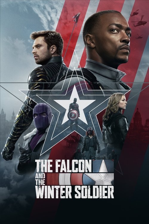 The poster features two men in tactical gear against a backdrop of red and white stripes, with a large star emblem in the center. The mood is serious and intense, suggesting action and conflict. The title "The Falcon and the Winter Soldier" is prominently displayed at the bottom.