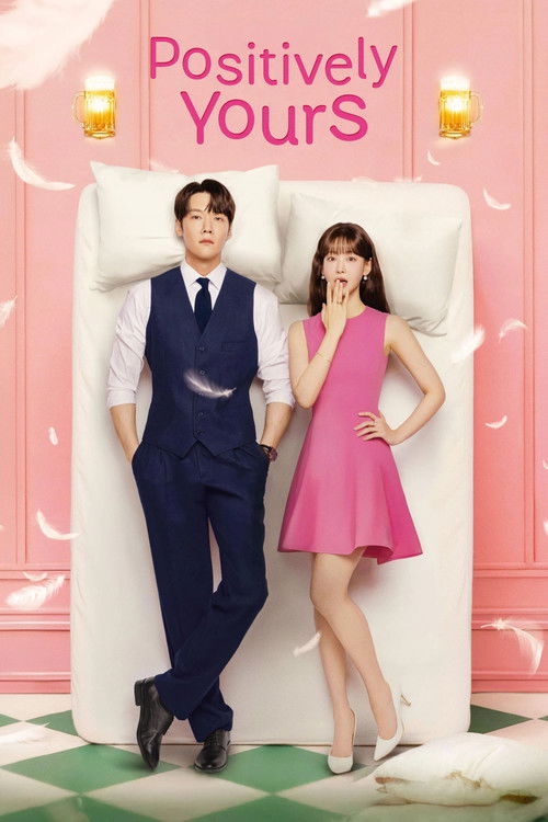 The poster features a couple posing on a white bed against a pink wall, with playful, pastel colors and a cheerful, romantic mood. The man in a navy suit and the woman in a pink dress exude a fun, modern vibe, suggesting a lighthearted and engaging narrative.