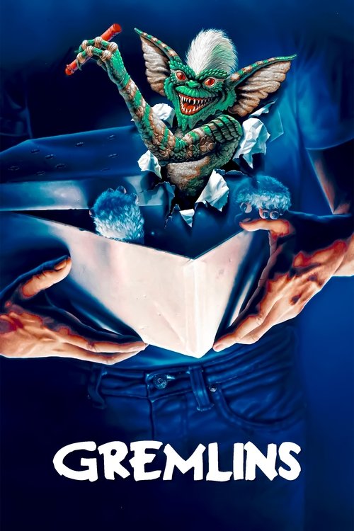 The poster features a menacing green Gremlin with wings and a sinister grin, looming over a figure in a blue suit who holds a glowing blue orb. The dark blue background enhances the eerie atmosphere, while the bold white title "GREMLINS" anchors the composition.