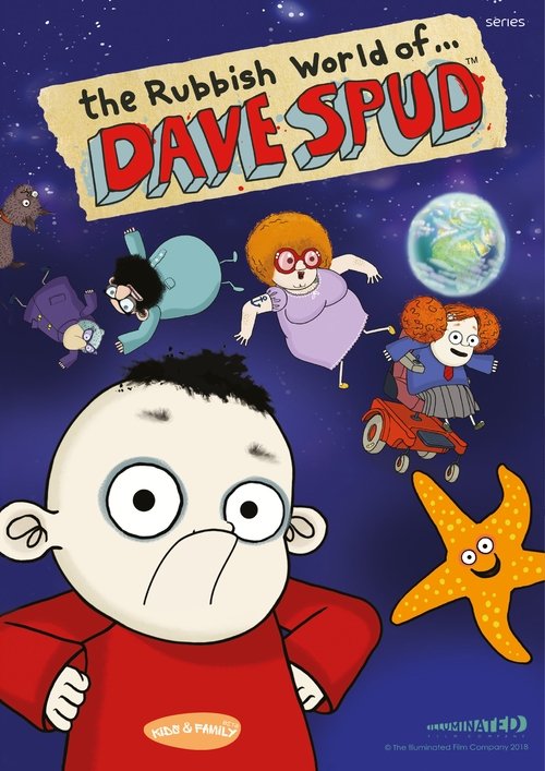 The poster features a cartoon boy with a worried expression in the foreground, surrounded by whimsical characters like a floating astronaut, a red-haired girl, and a blue creature. Vibrant colors like red, purple, and orange dominate the scene, creating a playful yet slightly eerie atmosphere. Th...