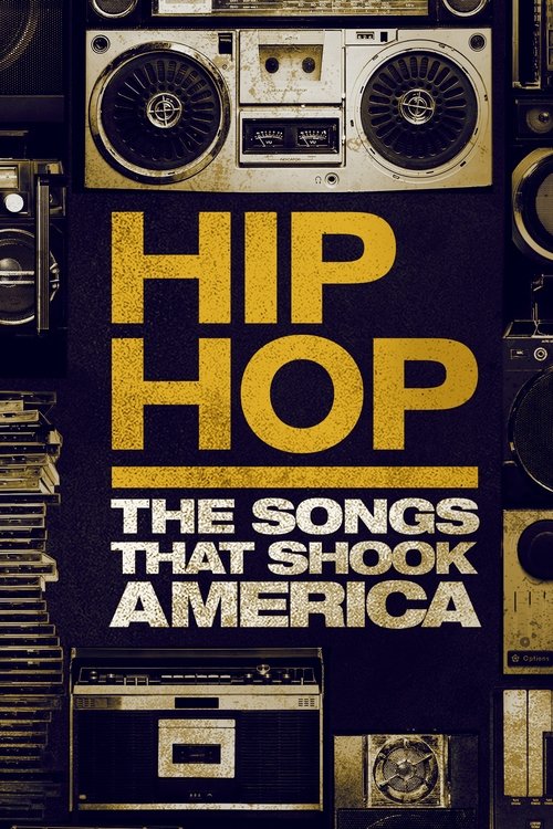 The poster features a dark, grainy background with vintage audio equipment like cassette decks and record players, evoking a nostalgic atmosphere. Bold yellow text announces the show's title, while smaller white text describes it as a compilation of iconic hip-hop songs. The overall mood is gritt...