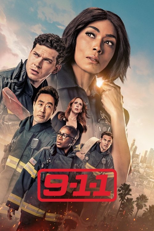 The poster features a dramatic scene with firefighters in emergency gear, including a woman in the foreground holding a fire hose, suggesting urgency and action. The warm, golden lighting evokes a sense of danger and excitement, while the bold red "9-1-1" logo anchors the image with a sense of cr...