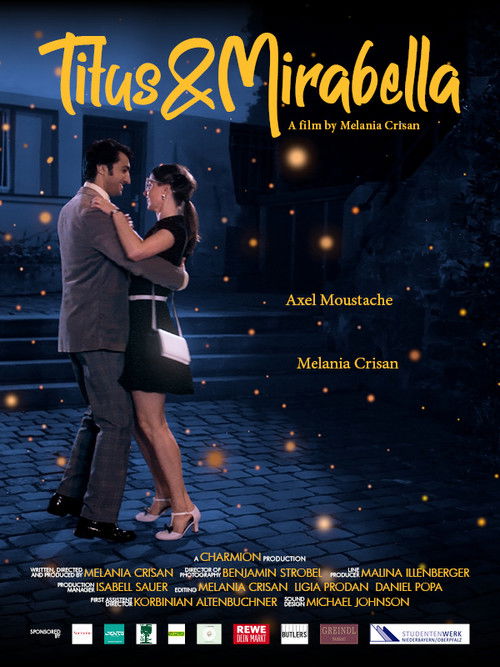 The poster features a romantic scene of Titus and Mirabella dancing on a cobblestone street at night. The warm tones of their clothing contrast with the cool blue background, evoking a dreamy, romantic atmosphere.