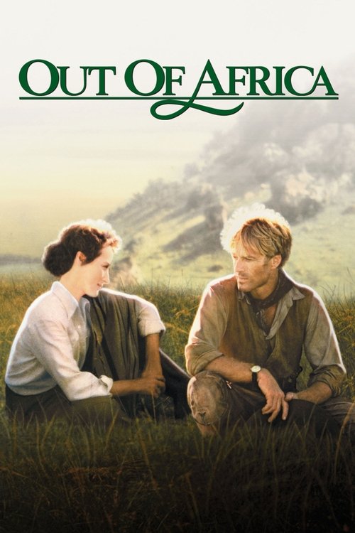 The poster features two men in a pastoral setting, with one sitting on a rock and the other on the ground, both gazing at each other with a contemplative mood. The warm, golden hues of the background suggest a serene, sunlit day, while the green text "OUT OF AFRICA" anchors the composition.