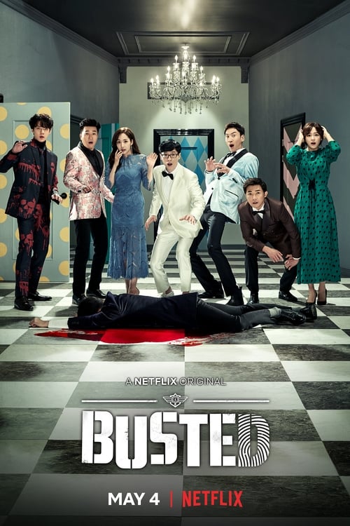 The poster features a group of eight characters in a dramatic, high-contrast scene. A man in a black suit lies on the floor with a bloodstain, while others stand around him in colorful outfits. The background includes a chandelier and checkered floor, creating a bold, stylish atmosphere. The titl...