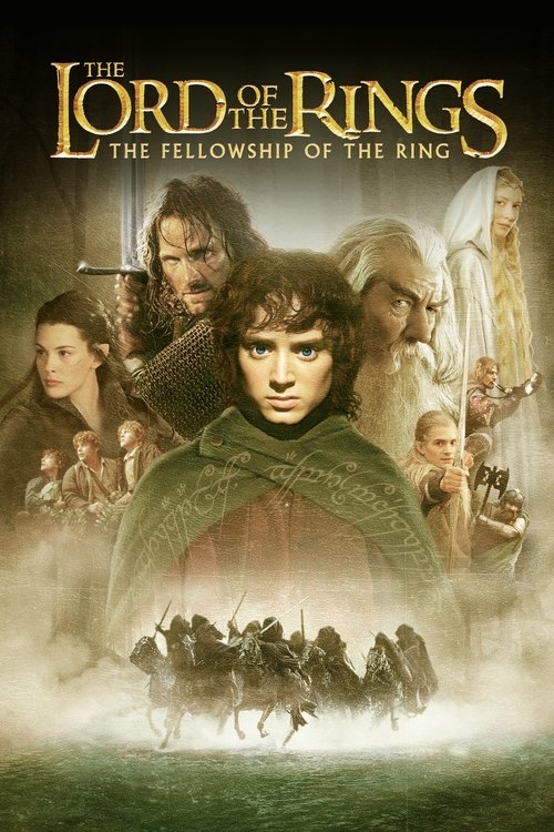 This poster captures the epic fantasy atmosphere of "The Lord of the Rings," featuring a central figure with blue eyes and a green cloak, surrounded by diverse characters in medieval attire. The muted earthy tones and dramatic lighting evoke a sense of ancient mystery and adventure, while the sil...