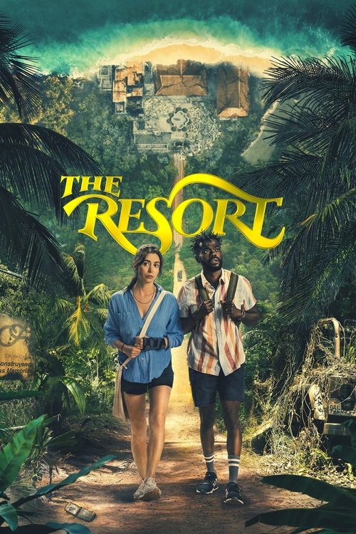The poster features two characters in vibrant tropical attire against a lush, colorful jungle backdrop. The warm tones of the sunset and the rich greens of the foliage create a dreamy, adventurous mood. The title "The Resort" is prominently displayed in bold, golden lettering, emphasizing the sho...