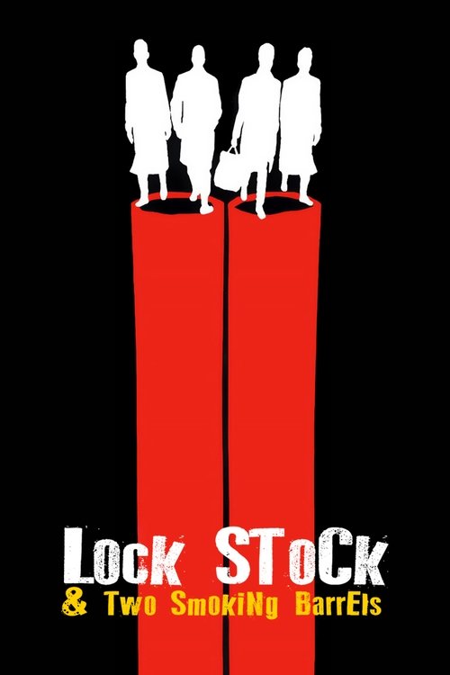 The poster features silhouettes of four men standing atop a towering red staircase against a stark black background. The bold, capitalized title "Lock Stock and Two Smoking Barrels" anchors the composition, evoking a sense of mystery and intrigue. The minimalist design suggests themes of danger a...