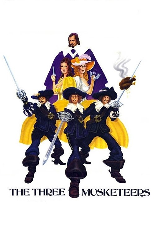 This poster features a vibrant ensemble of characters in period costumes, with a central figure in a purple robe and a sword-wielding knight. The dynamic poses and bold colors evoke a sense of adventure and camaraderie, capturing the spirit of the classic tale.