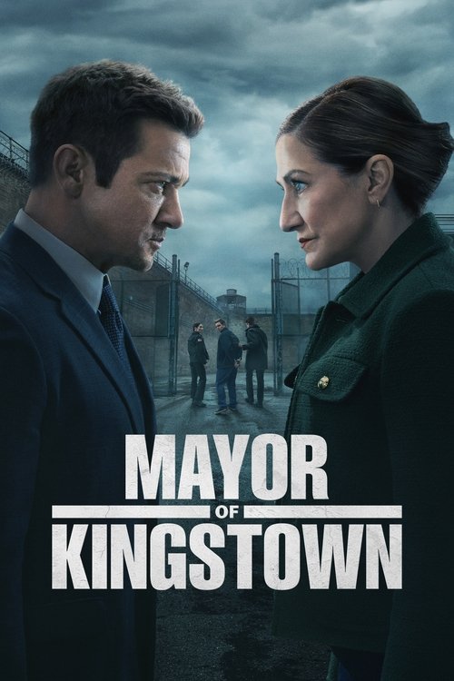 The poster features two characters facing each other against a moody, overcast sky. The dark tones and shadowy background create a serious, dramatic mood. The title "Mayor of Kingstown" is prominently displayed in bold white letters, emphasizing the show's title.