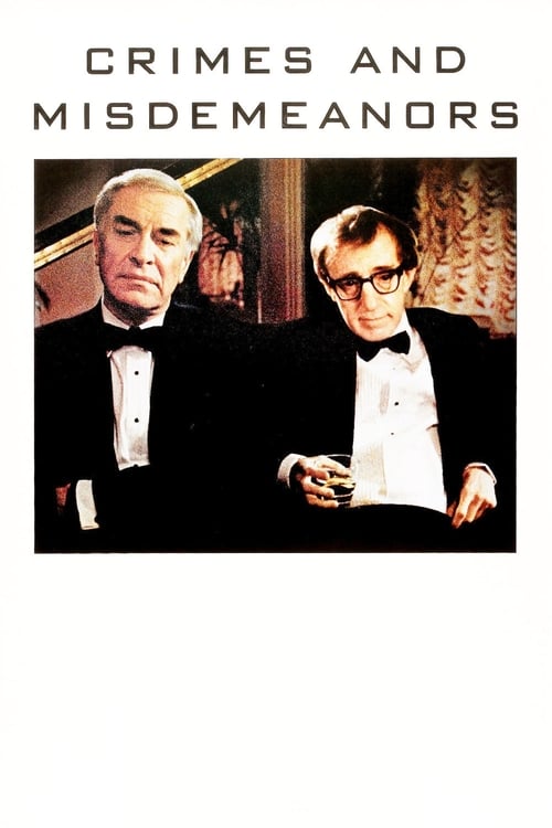 The poster features two men in formal black suits against a dark, moody background. The warm tones of the lighting create an eerie atmosphere, suggesting a thriller or crime drama. The title, "Crimes and Misdemeanors," is prominently displayed at the top in bold, white letters.