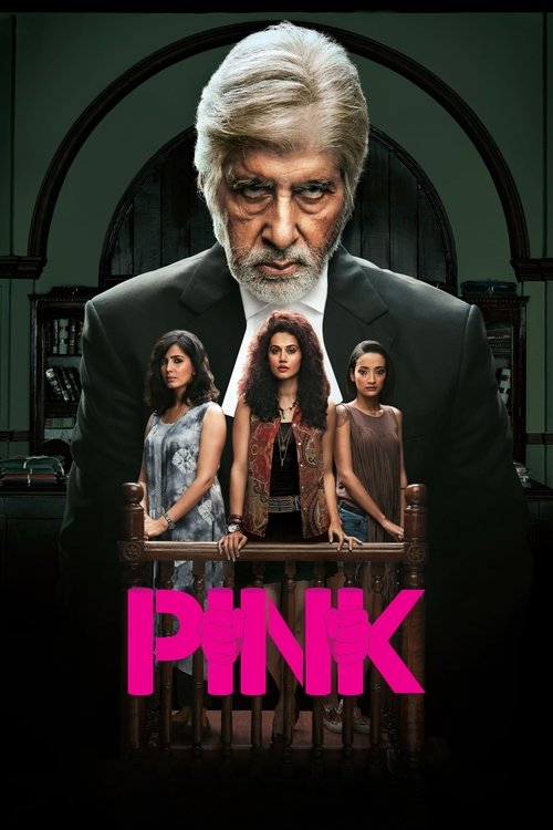 The poster features a stern, white-haired man in a dark suit dominating the frame, with three women standing behind him in a dimly lit room. The title "PINK" appears in bold, magenta letters at the bottom, creating a striking contrast against the dark background. The mood is mysterious and dramat...