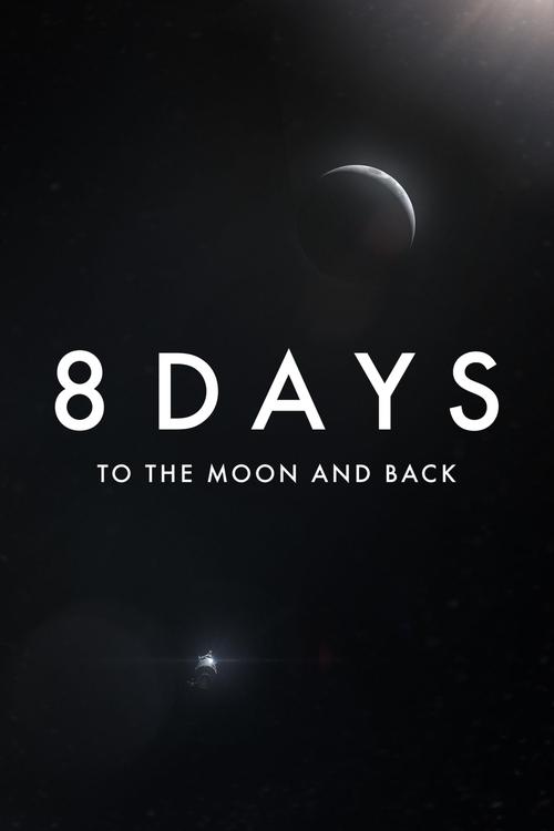 The poster features a dark, starry space backdrop with a crescent moon and distant stars, evoking a mysterious and adventurous mood. The title "8 Days" is prominently displayed in bold white letters, with the subtitle "To the Moon and Back" below it. The overall design suggests a thrilling space ...