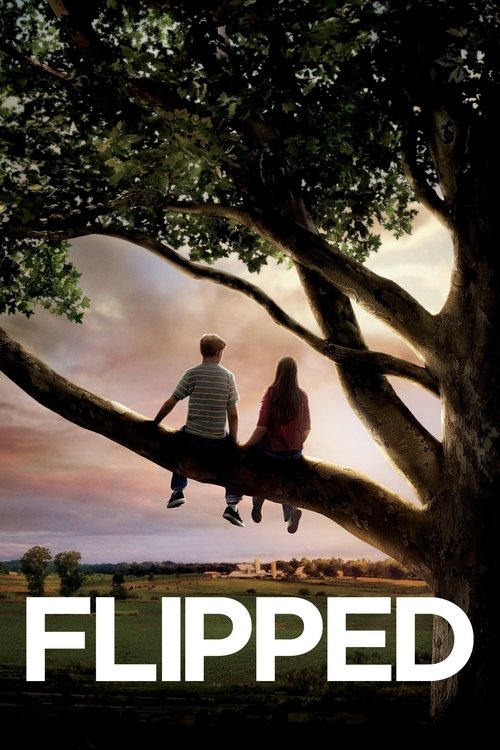 The poster features silhouetted figures of two people sitting on a large tree branch against a warm sunset sky. The title "FLIPPED" is prominently displayed in bold white letters at the bottom, suggesting themes of transformation and change. The overall mood is contemplative and evocative, captur...