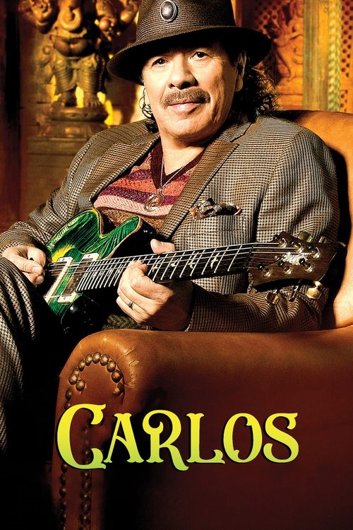The movie poster features a man in a hat and suit playing a green electric guitar, exuding a cool, confident vibe. The warm lighting and rich brown leather chair create an intimate atmosphere, while the bold yellow text "CARLOS" stands out against the darker background.