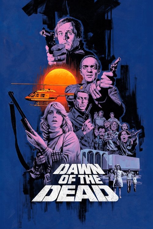 The poster features a dramatic, dark blue background with silhouettes of characters in various poses, creating an eerie atmosphere. A bright orange sun dominates the center, casting shadows over the figures. The title "Dawn of the Dead" is prominently displayed in bold, white letters at the botto...