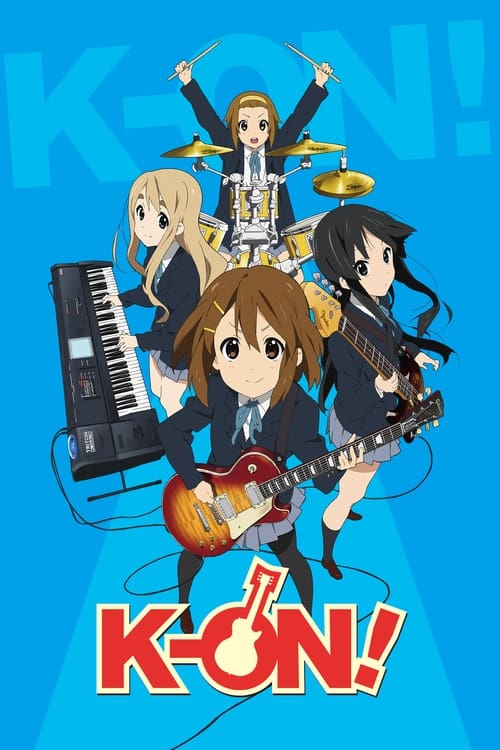 This vibrant K-ON! poster features five anime-style characters in dynamic poses, each playing an instrument. The bright blue background with bold red text creates a lively and energetic atmosphere. The characters' colorful outfits and expressive poses convey a sense of fun and musical energy.