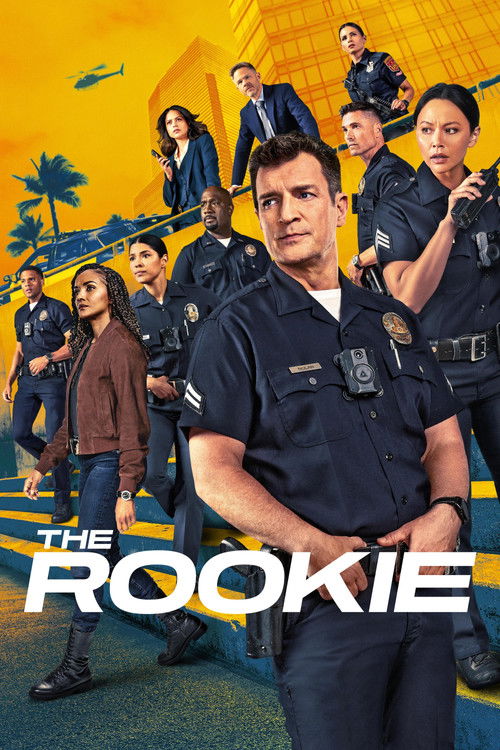 The poster showcases a dynamic ensemble cast in action-ready uniforms against a vibrant yellow background. The mood is energetic and adventurous, with characters exuding confidence and readiness for an exciting mission. The bold title "The Rookie" anchors the composition, emphasizing the show's f...