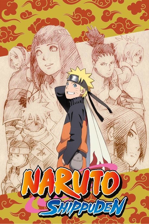 This vibrant poster features a dynamic Naruto Shippuden scene with a central character in an orange and black outfit, surrounded by detailed sketches of other characters. The background is filled with swirling red clouds against a warm yellow backdrop, creating a lively and energetic atmosphere. ...