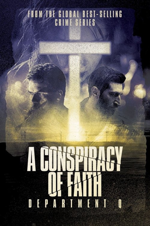 The poster features two men in shadowy tones against a glowing yellow cross, evoking mystery and suspense. The dark, moody atmosphere combined with the dramatic lighting creates an eerie, suspenseful mood.