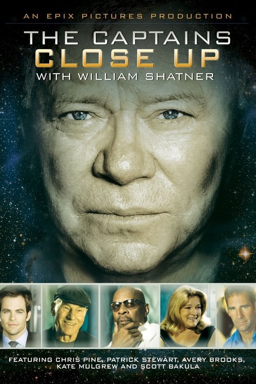 The poster features a close-up of William Shatner against a cosmic background, with smaller images of other cast members at the bottom. The deep blue and black tones evoke a mysterious, space-themed atmosphere, while the golden text adds a touch of drama.