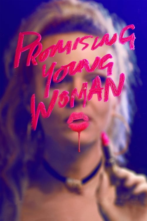 The poster features a woman with blonde hair and a choker against a deep blue background. The title "Promising Young Woman" is written in pink, dripping from her lips, evoking a sense of mystery and allure.