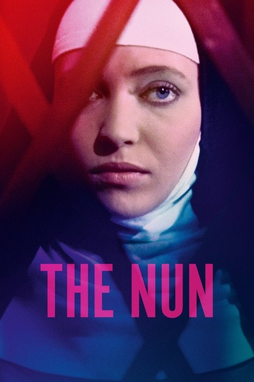 The poster features a woman in a nun's habit against a dramatic red and blue background. The mood is mysterious and intense, with her piercing gaze conveying deep emotion. The title "THE NUN" is prominently displayed in bold pink letters.