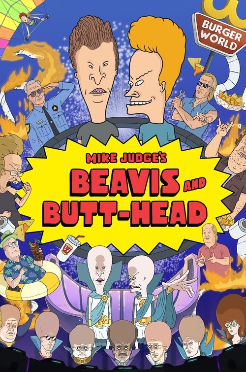 The poster features a chaotic scene with Beavis and Butt-Head in the center, surrounded by various cartoon characters in a vibrant, colorful array of bright blues, purples, and yellows. The mood is energetic and humorous, capturing the essence of the show's slapstick humor.