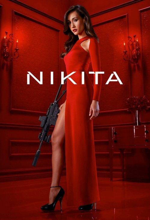 A glamorous woman in a striking red dress stands confidently against a richly decorated red backdrop, holding a gun. The bold white text "NIKITA" dominates the center, evoking a sense of mystery and allure. The overall atmosphere is dramatic and intense, capturing the essence of a high-stakes drama.