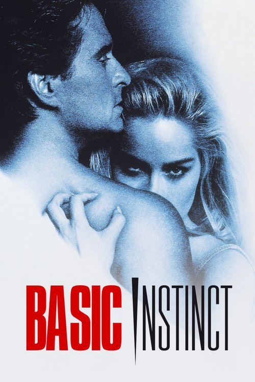 The poster features a dramatic, monochromatic image of a man and woman in an intimate embrace, with the title "Basic Instinct" prominently displayed in bold red and black text. The mood is intense and suspenseful, capturing the essence of the film's thriller genre.