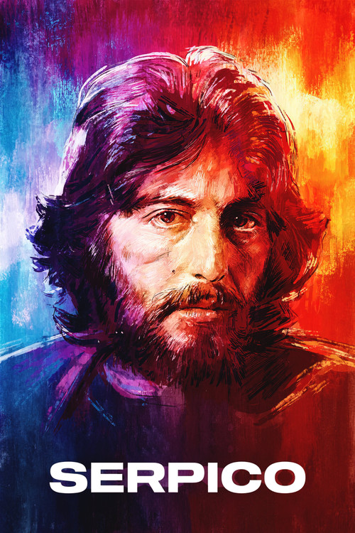 This vibrant poster features a gritty, intense portrait of Serpico with a rugged, weathered face set against a colorful, fiery background. The bold, bold typography emphasizes the film's gritty, intense narrative.